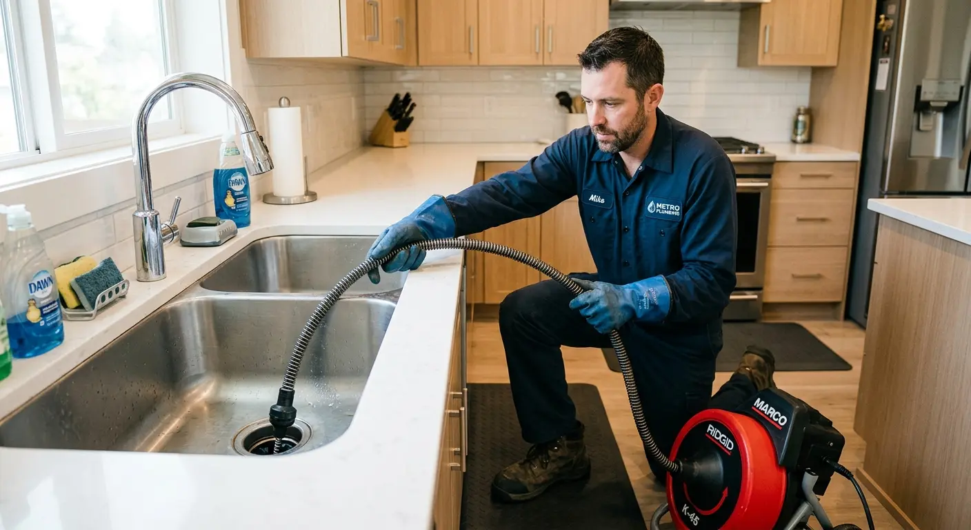 Drain cleaning technician using a motorized snake on a kitchen sink in Ocean City