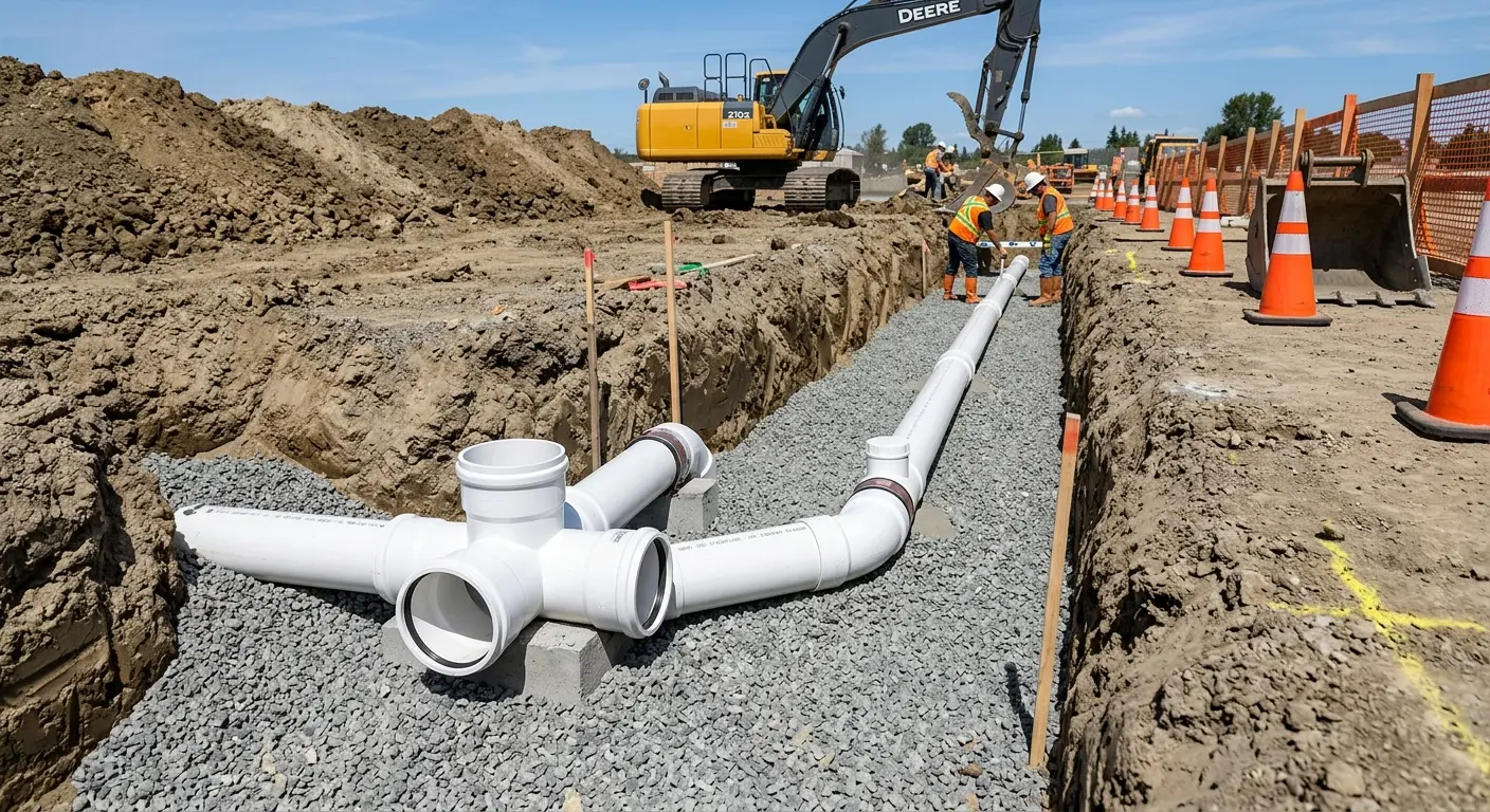New PVC sewer pipe installation in open trench for Commercial Drain Cleaning in Ocean City