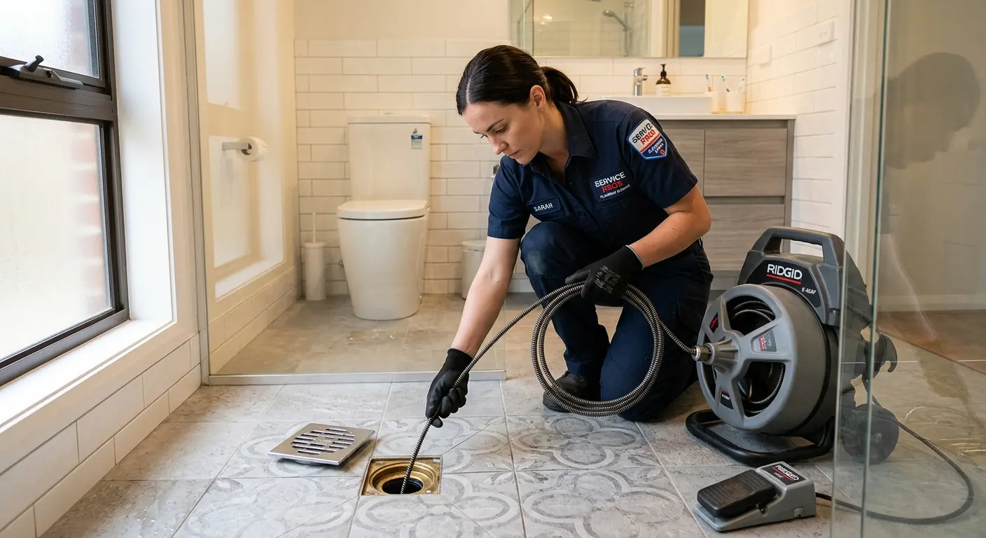 Technician clearing a bathroom floor drain for Hydro Jetting in Ocean City